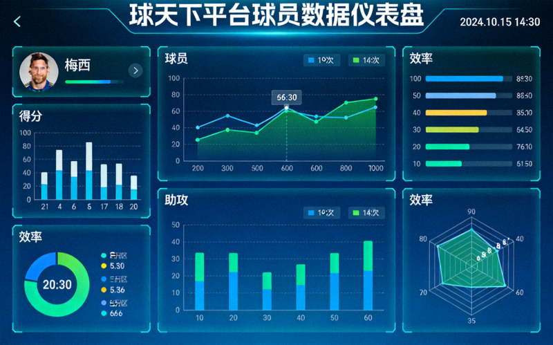 球天下平台球员数据仪表盘，展示得分、助攻、效率等多项指标的动态图表